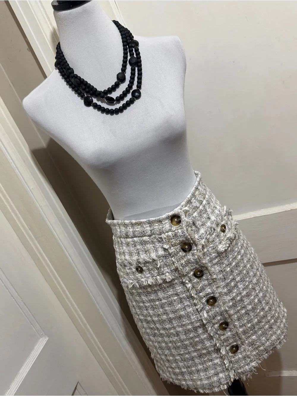 Ann Taylor Bouclé Cream Button-Front Mini Skirt